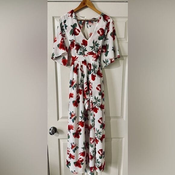 J for Justify Maxi Dress Shorts Romper Size M White Floral Romantic Bell Sleeve - Picture 1 of 8